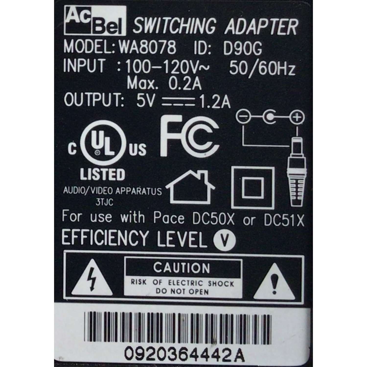 CARGADOR / ADAPTADOR DE FUENTE DE ALIMENTACION ACBEL VCA-VCD  / NUMERO DE PARTE D90G / ENTRADA VCA 100-120V~ 50/60HZ MAX 0.2A / SALIDA VCD 5V 1.2A / MODELO WA8078 - Imagen 2